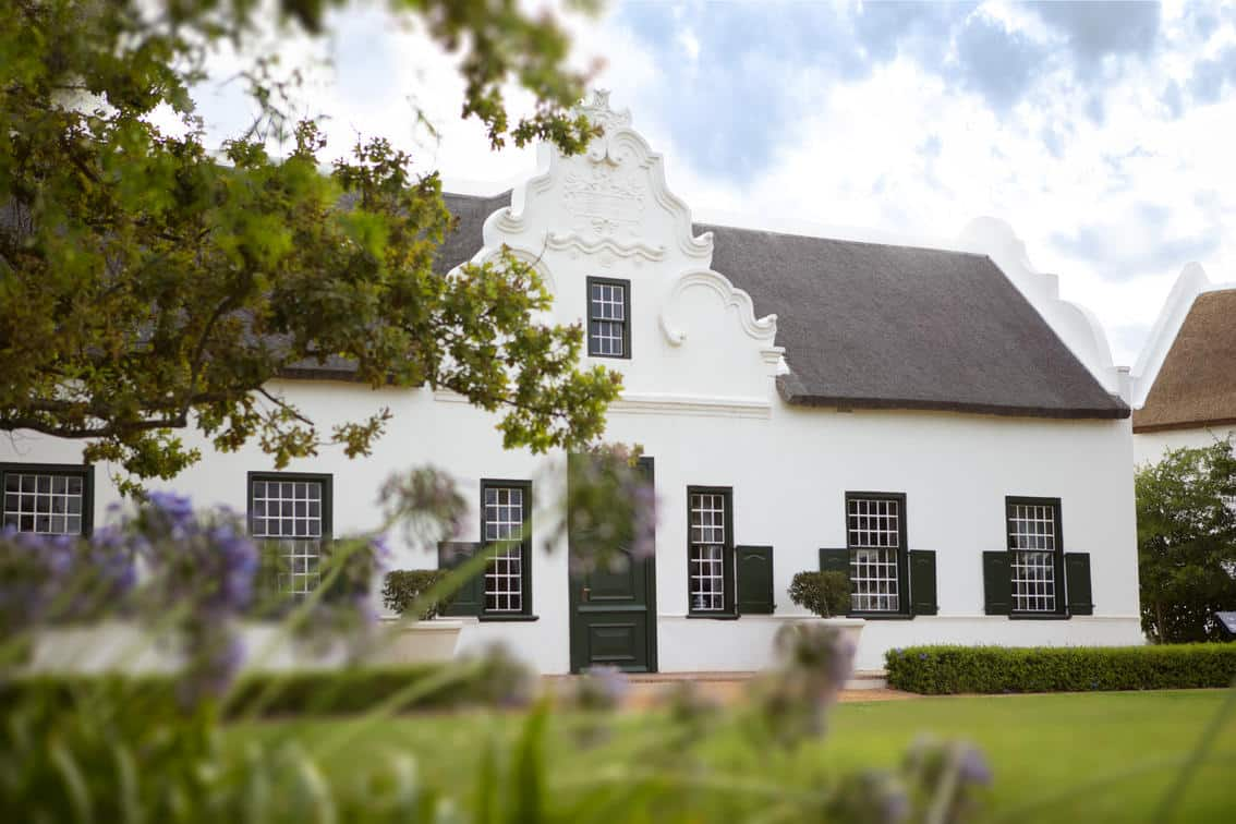 A whitewashed Cape Dutch homestead beneath an old oak tree
