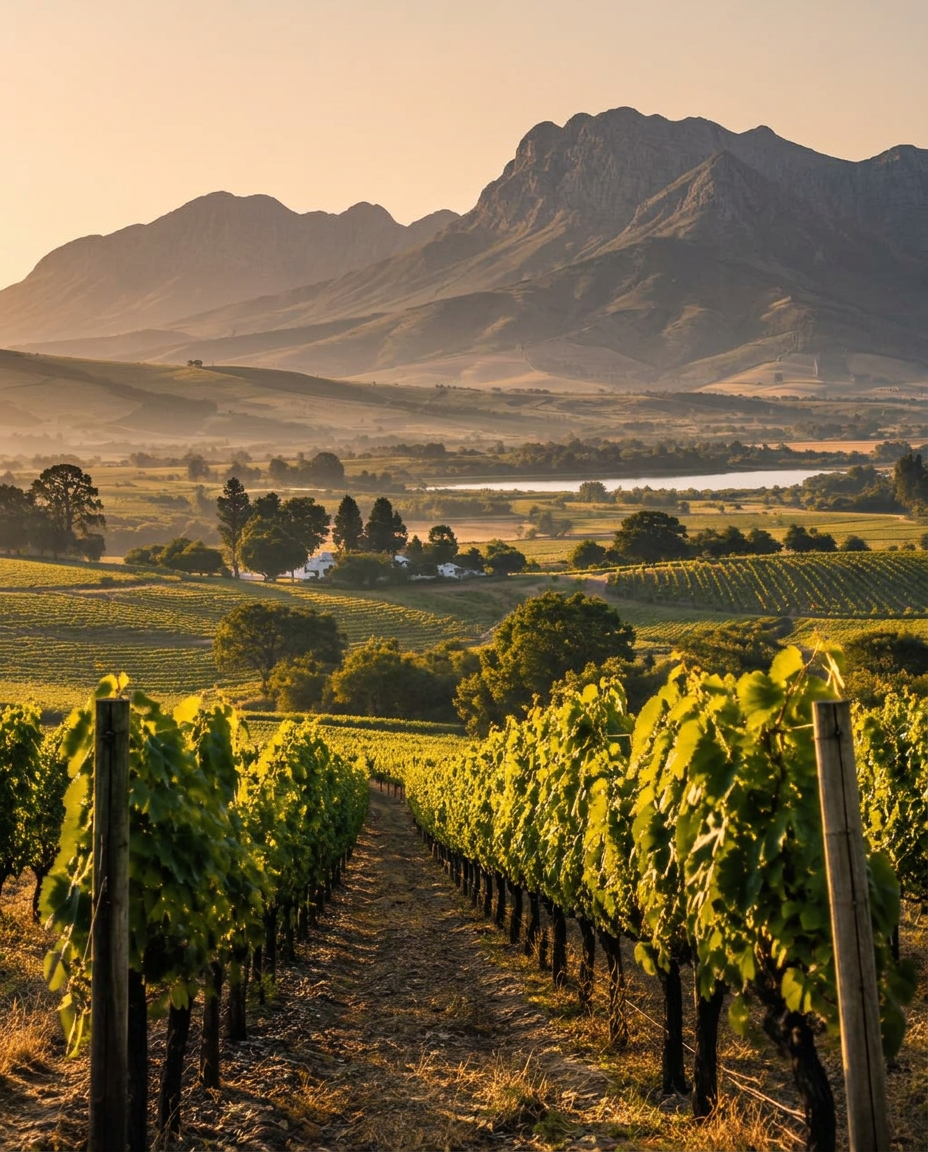 Vineyard rows in soft morning mist beneath the Stellenbosch mountains